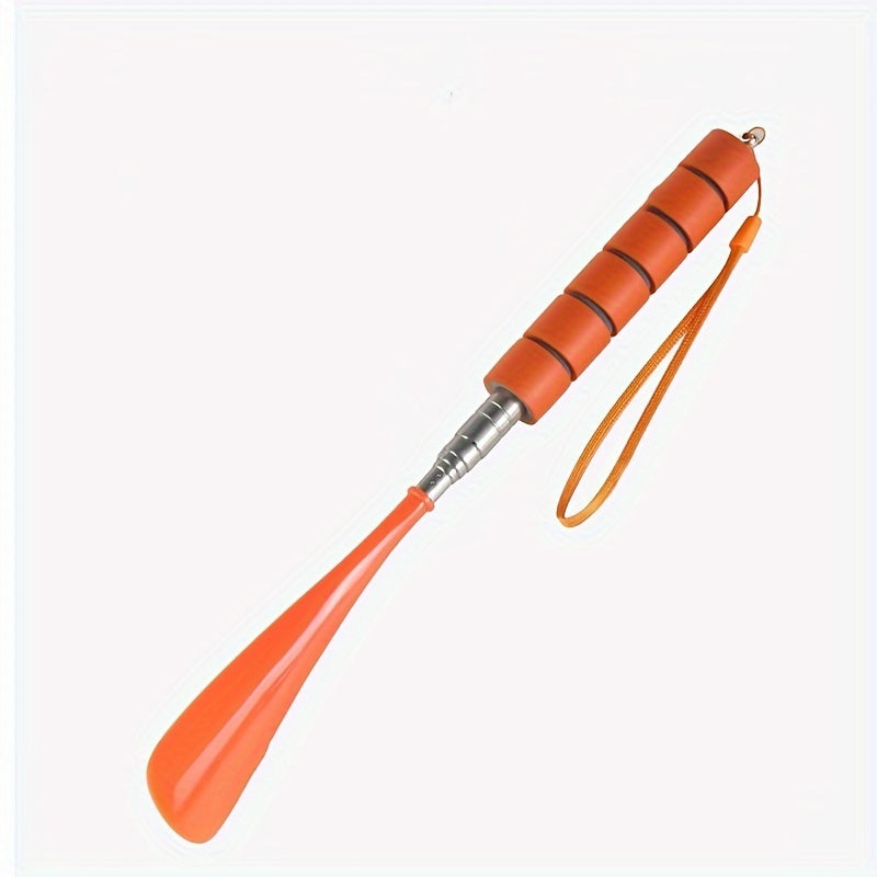 Telescopic stainless steel shoe horn with non-slip grip and adjustable length for easy footwear assistance on the go.