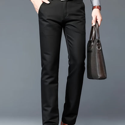 Men's solid dress pants, lightweight and comfortable with a regular fit and cuffed hems suitable for all seasons, ideal for business and casual wear.