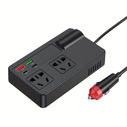 200W high-power car power inverter with voltage detection, fast charging, multi-USB ports, converts 12V/24V to 220V, PD fast charge, compact design, US plug.