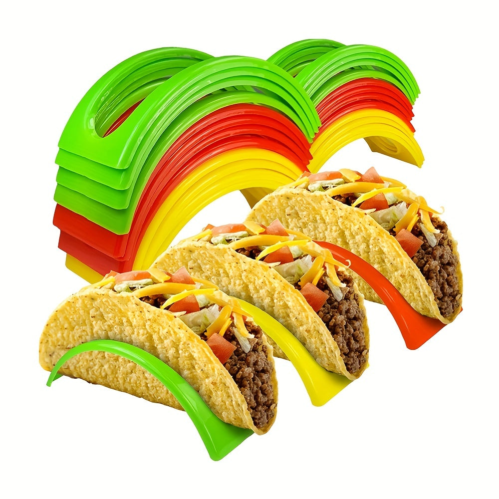 Taco holder set includes 3, 6, 12, and 18pcs, colorful and reusable. Can also be used as pancake rack or tortilla holder. A handy kitchen gadget.