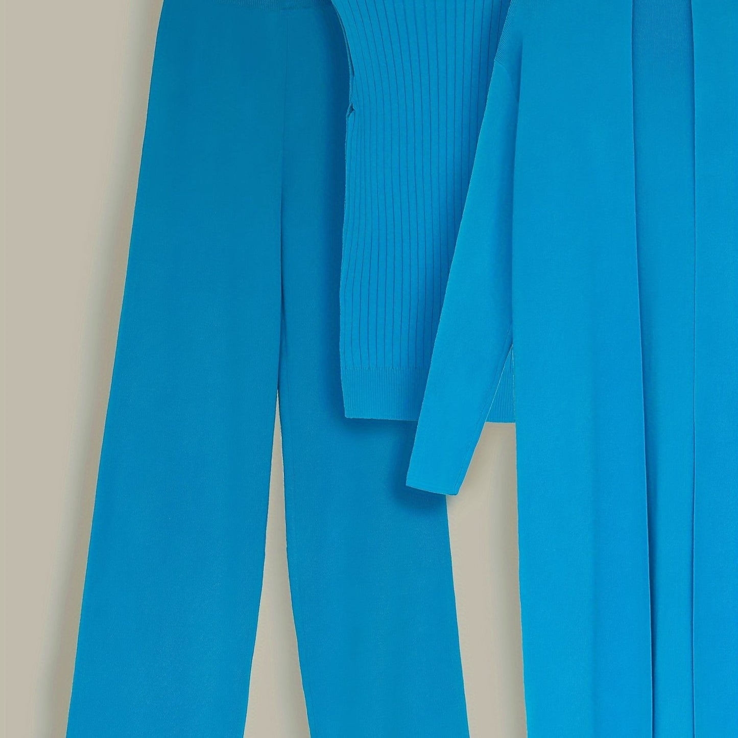 2024 women's three-piece knit set with wide-leg pants, cardigan, and turtleneck sweater.