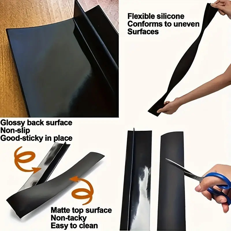 Two pieces of heat-resistant silicone stove and counter gap covers that are easy to install kitchen accessories for sealing between stovetop and cabinets. These mess-free edge detailing stove gap covers feature a smooth surface design and are stove top