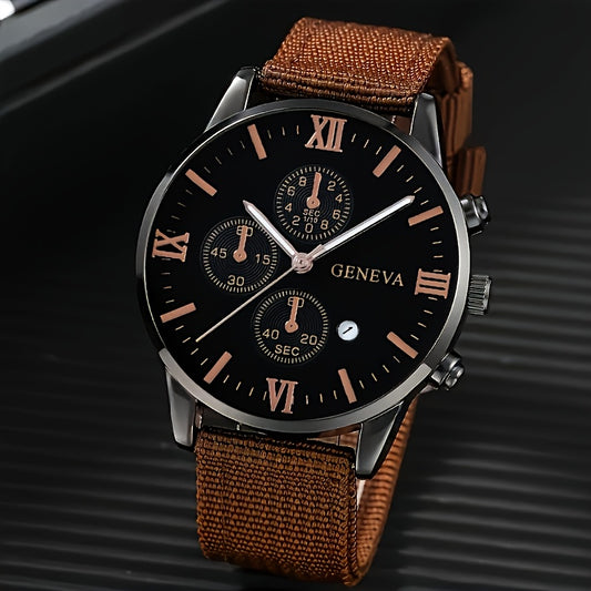 4pcs Men's Quartz Watch Set with brown faux leather strap, alloy case, calendar function, non-rechargeable battery, and matching bracelets. Ideal gift for men.