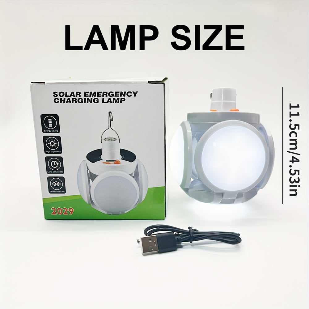 Portable solar-powered LED camping light with hook, rechargeable USB, 800mAh battery, foldable design for tents, home, office, car emergency lighting.