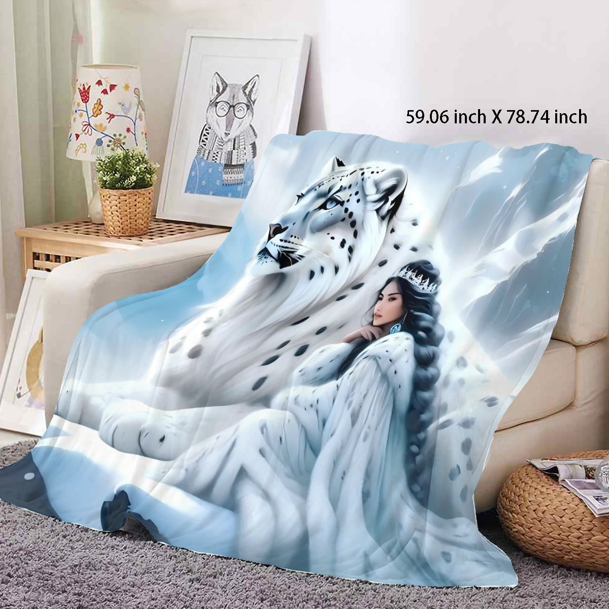 Modern Leopard and Woman Design Flannel Fleece Blanket - Hypoallergenic, Easily Washable, Versatile Polyester Bedding for Living Room, Couch - Perfect All-Season Gift Blanket with Musical Theme, 1 Piece