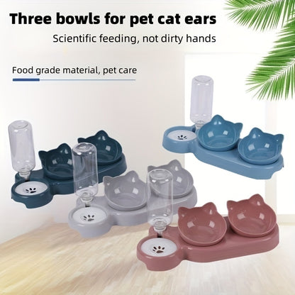 Automatic pet feeder with tilted design and gravity water bottle for neck protection - ideal for dogs and cats.