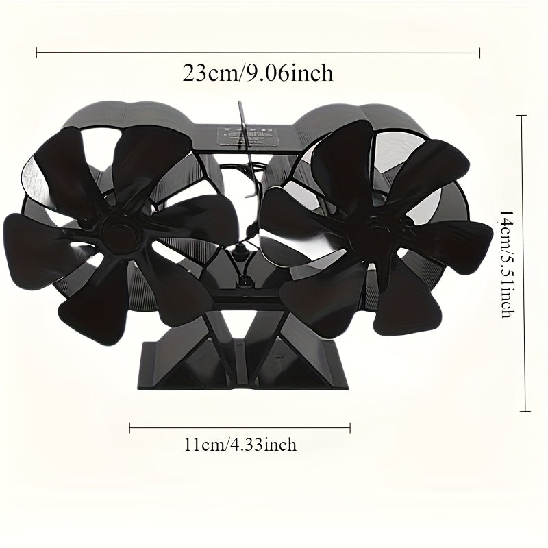 12-Blade Metal Fireplace Fan with Dual Heads, Portable Design for High-Efficiency Silent Heat Dissipation. Table Fan Style for Air Circulation, No Electricity Required. Includes Multiple Components and Features a Painted Finish.