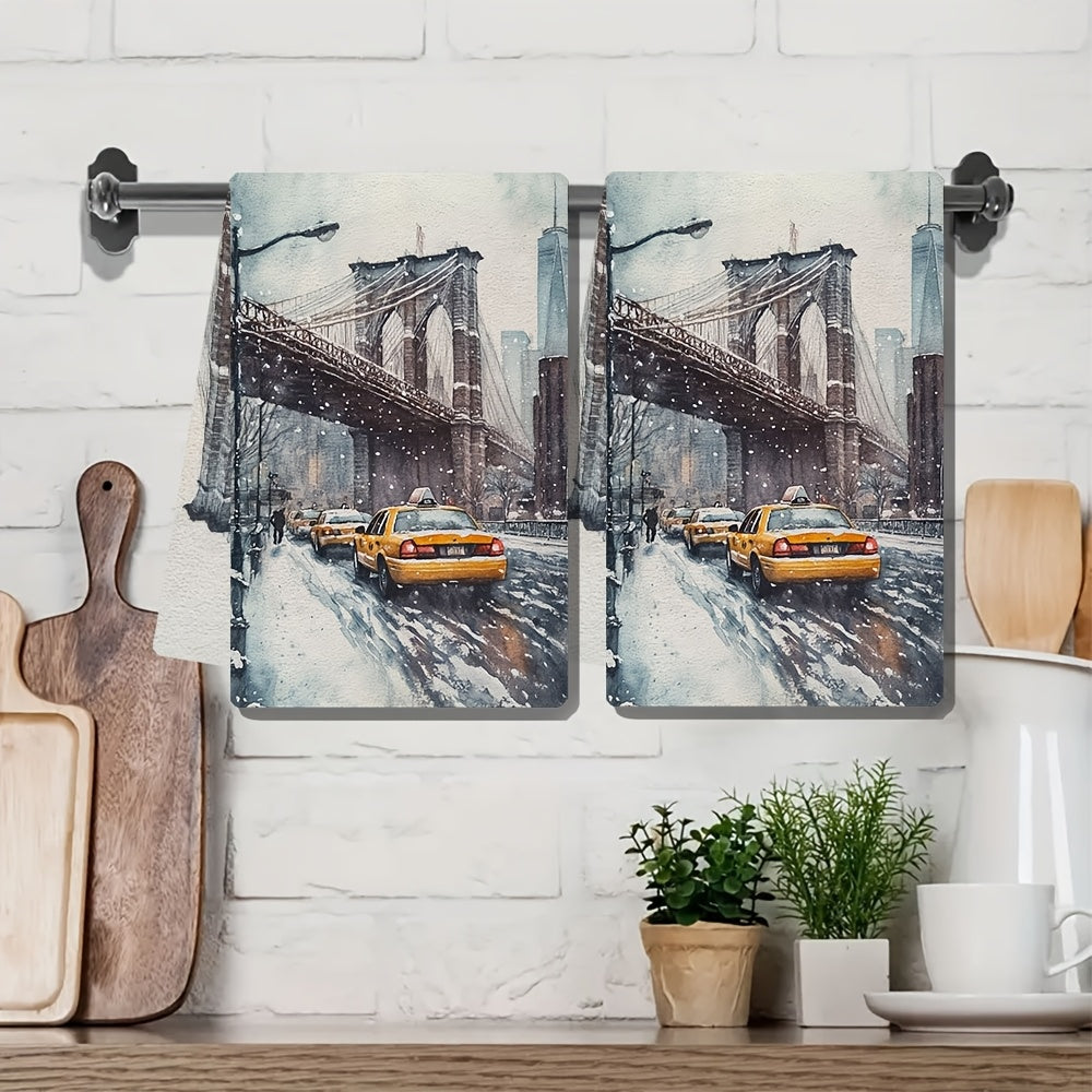 Get two ultra soft kitchen towels featuring a New York Cityscape winter scene. These highly absorbent and machine washable dish hand towels measure 40.64x60.96 cm. Add a contemporary style to your holiday decor with these absorbent dish towels made of