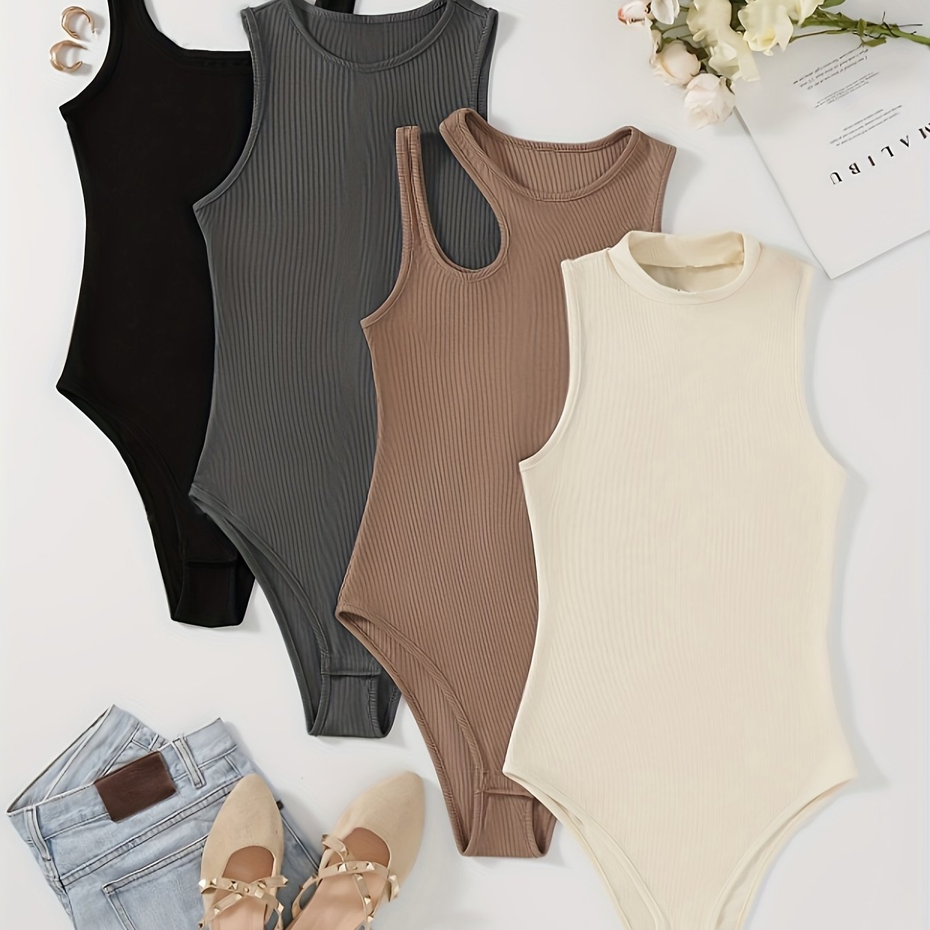 4pcs Ribbed Knit Bodysuits for Women in Black, Gray, Brown, and Beige. Stretchy, Comfortable, and Sleeveless. Machine Washable for All-Season Wear.