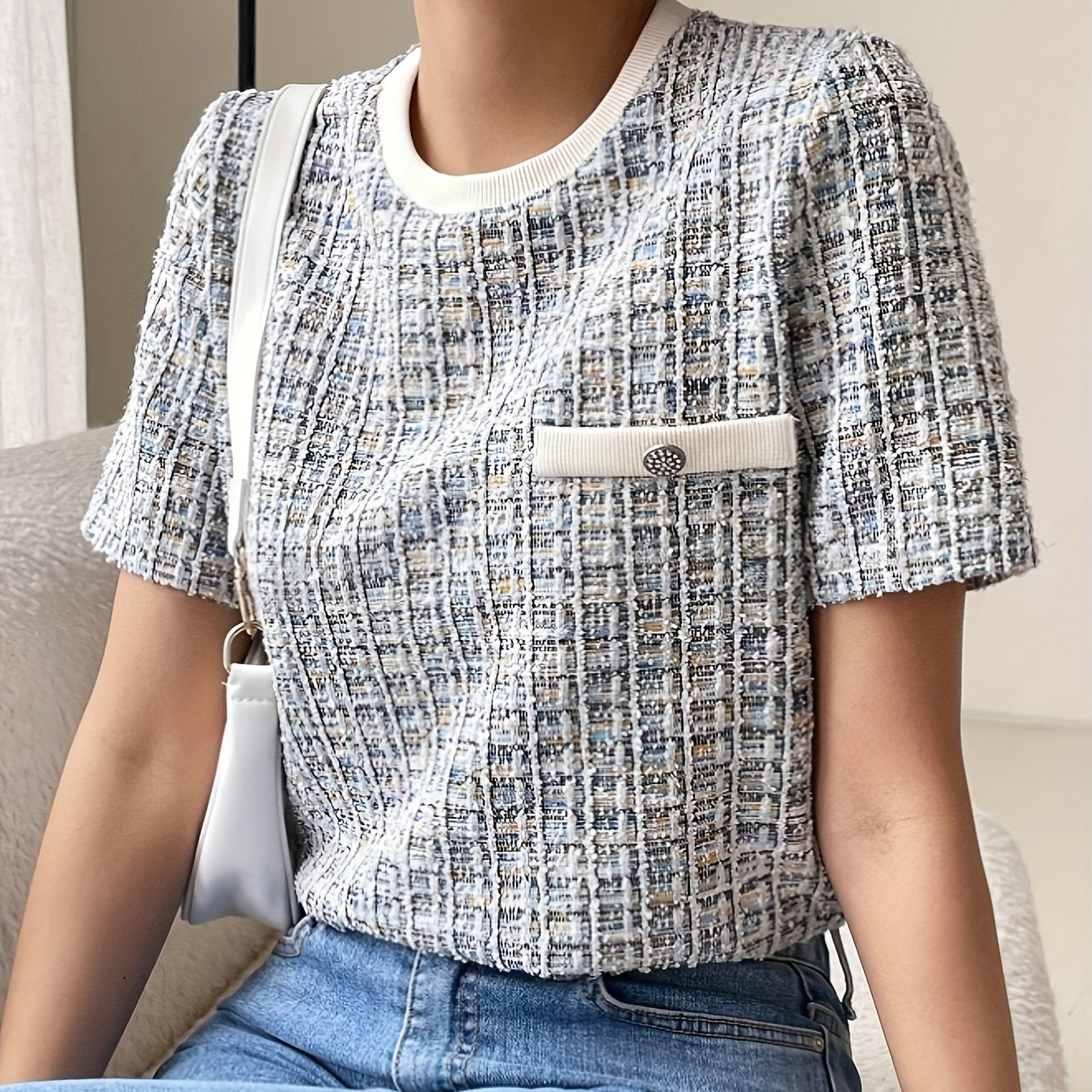 1 chic textured tweed women's t-shirt with pocket detail, button accent, polyester knit fabric, round neck, short sleeve, regular length for spring/summer/autumn.