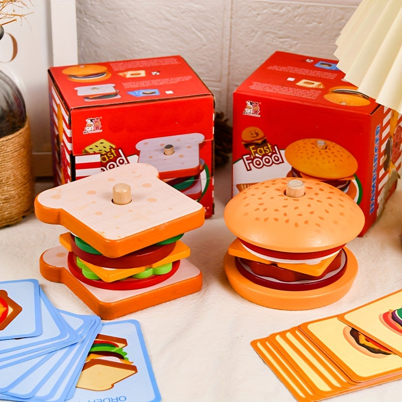 Children's Wooden Pretend Hamburger and Sandwich Set with Matching Props, Cutting Food, Kitchen Tools, Perfect for Kindergarten Family Toys, Ideal Gifts for Christmas, Halloween, and Thanksgiving