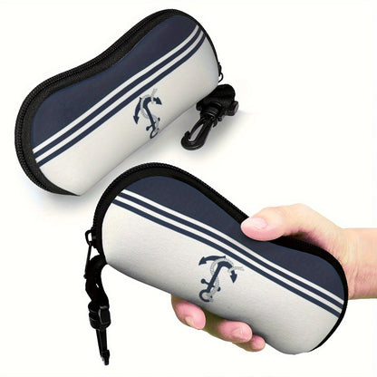 Stylish Navy Blue Anchor Pattern Glasses Case for Men and Women - Lightweight Neoprene Zipper Eyewear Holder for Fashionable Reading Glasses, Perfect for On-the-Go Storage.