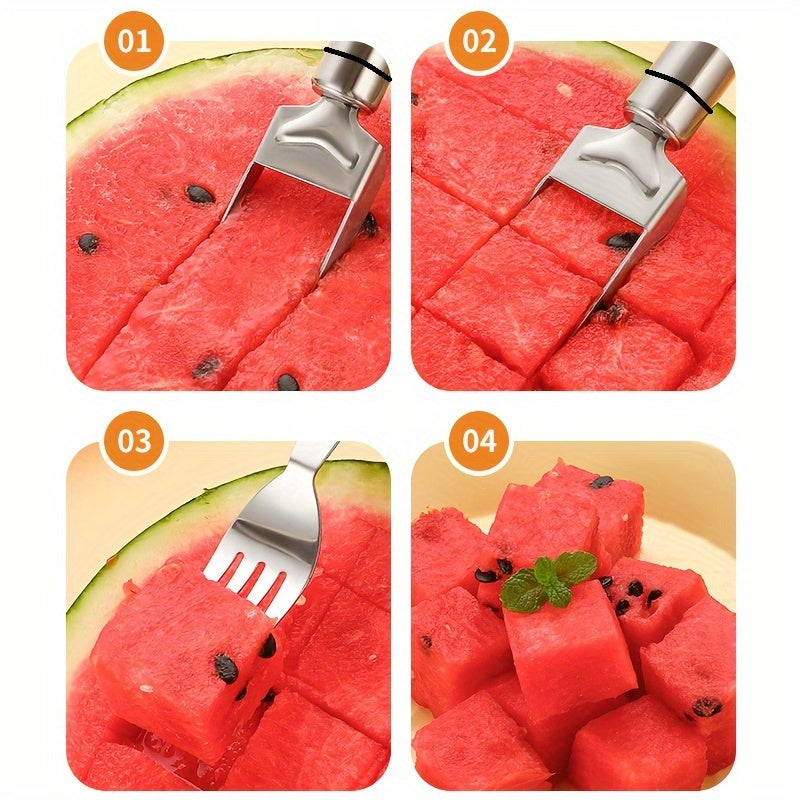 Stainless Steel Watermelon Slicer and Fork for easy, efficient cutting of perfect watermelon cubes, with an ergonomic handle and serving fork included.