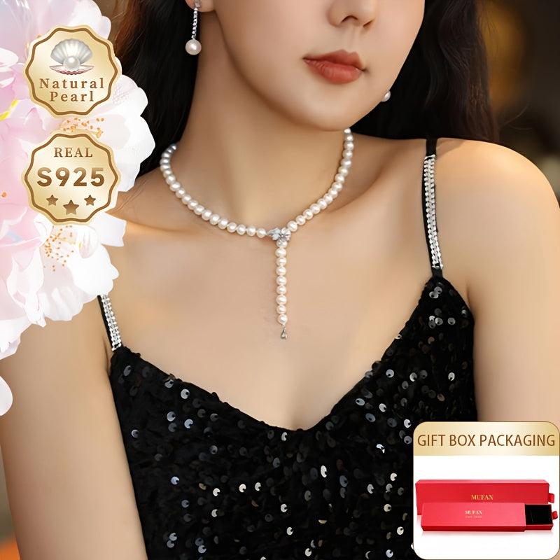 MUFAN Elegant Freshwater Pearl Necklace - Features 7-8mm Natural Pearls, S925 Silver with Gift Box, Ideal for Everyday Wear and Special Events, High-Quality Brand, Natural Imperfections and Color Variations in Patterns