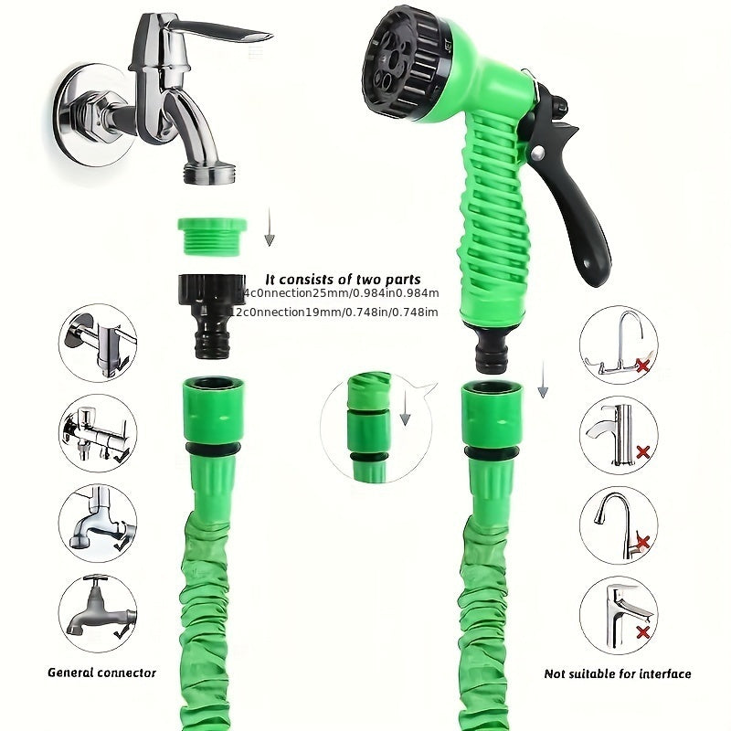 Vibrant green expandable garden hose in 7.62m/15.24m/22.86m/30.48m options, with multi-purpose sprayer. Great for yard watering and car washing with durable PP material.