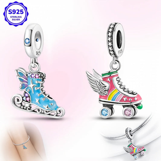 Sterling Silver Skating Shoes Pendant with Wings, Boho Sexy Style, Made with Synthetic Zirconia, High-Quality Women's Jewelry for Everyday Wear and Gifting, Featuring a Spring Festival Theme, Versatile All-Season Accessory, Lightweight and Stylish (2-6g)