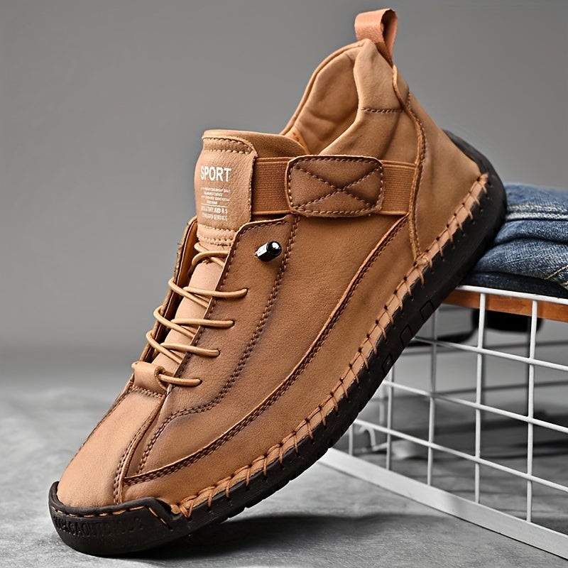 Men's plus size ankle shoes with stitching, hook & loop fastener, and wear-resistant design for outdoor wear