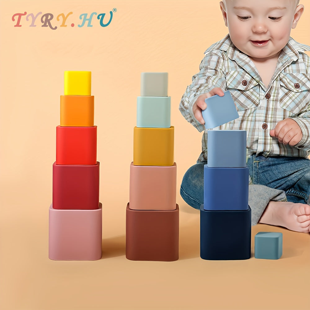 Silicone Cube Baby Stacking Toys - 5 Piece Set of Nesting Cups for Early Educational Play. BPA Free, Safe for Babies 6+ Months. Easy to Clean and Carry, the Perfect Gift for Baby.