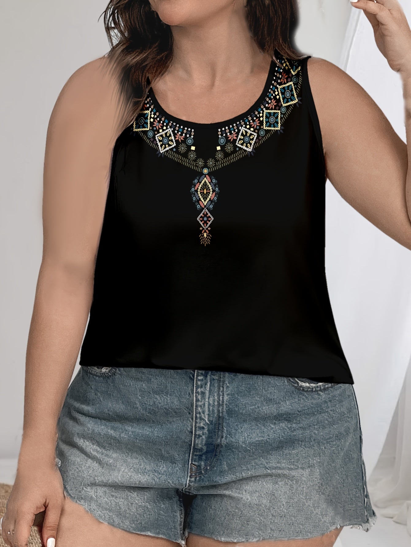 Stylish sleeveless tank top for plus-size Black women with Bohemian ethnic print.