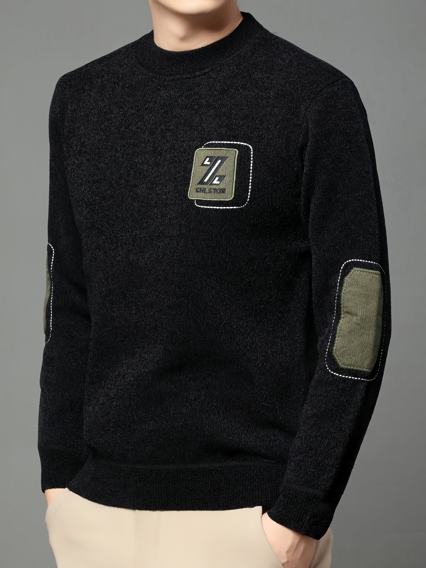 Men's winter sweater with Z letter embroidery, crew neck, long sleeve, slight stretch, regular fit, alphabet pattern, warm knit.