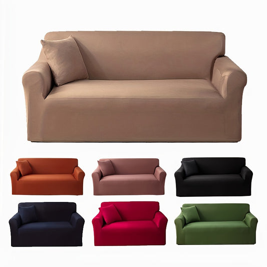 Stretch sofa cover made of machine washable polyester fabric, includes matching pillowcase, suitable for various sofa sizes.