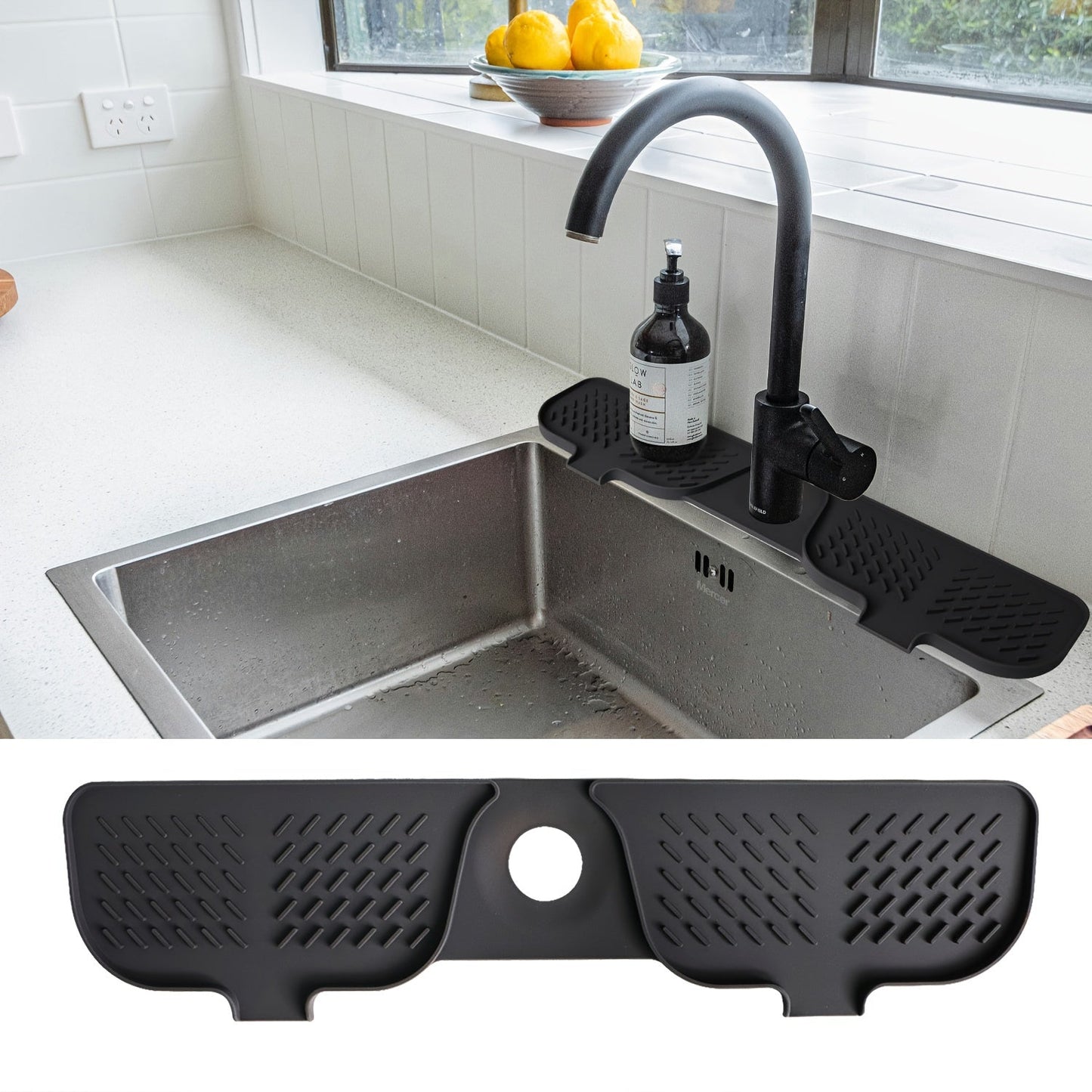 Silicone sink accessories including a splash pad, faucet pad, drain pad, and handle drip tray, ideal for kitchen and bathroom use