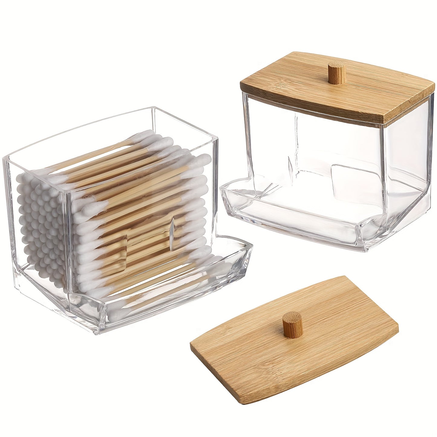 Clear acrylic swab holders with wooden lids for dust-proof storage of swabs, jewelry, powder puffs, beauty eggs. Can be used for household organization on dresser, desktop, or in bathroom, dorm room.