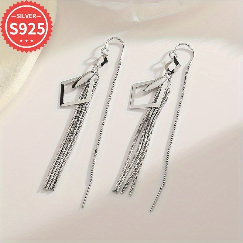 Beautiful 925 Sterling Silver Tassel Earrings with Geometric Diamond-Shaped Hollow Design, Hypoallergenic Long Leaf Fringe Ear Threads, Perfect for Everyday or Special Occasions, Ideal Christmas Gift - Lightweight at 4.5g