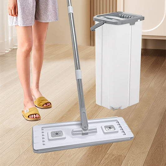 This set includes a mop and bucket with a squeegee, featuring a hands-free flat floor mop and bucket. It comes with 4/2 washable microfiber pads and is suitable for both wet and dry use. The design is tailored for a floor cleaning system that seamlessly