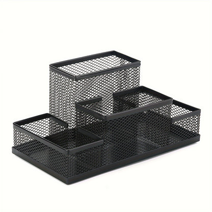 Metal mesh desk organizer with 4 compartments for office supplies, including pen holder.