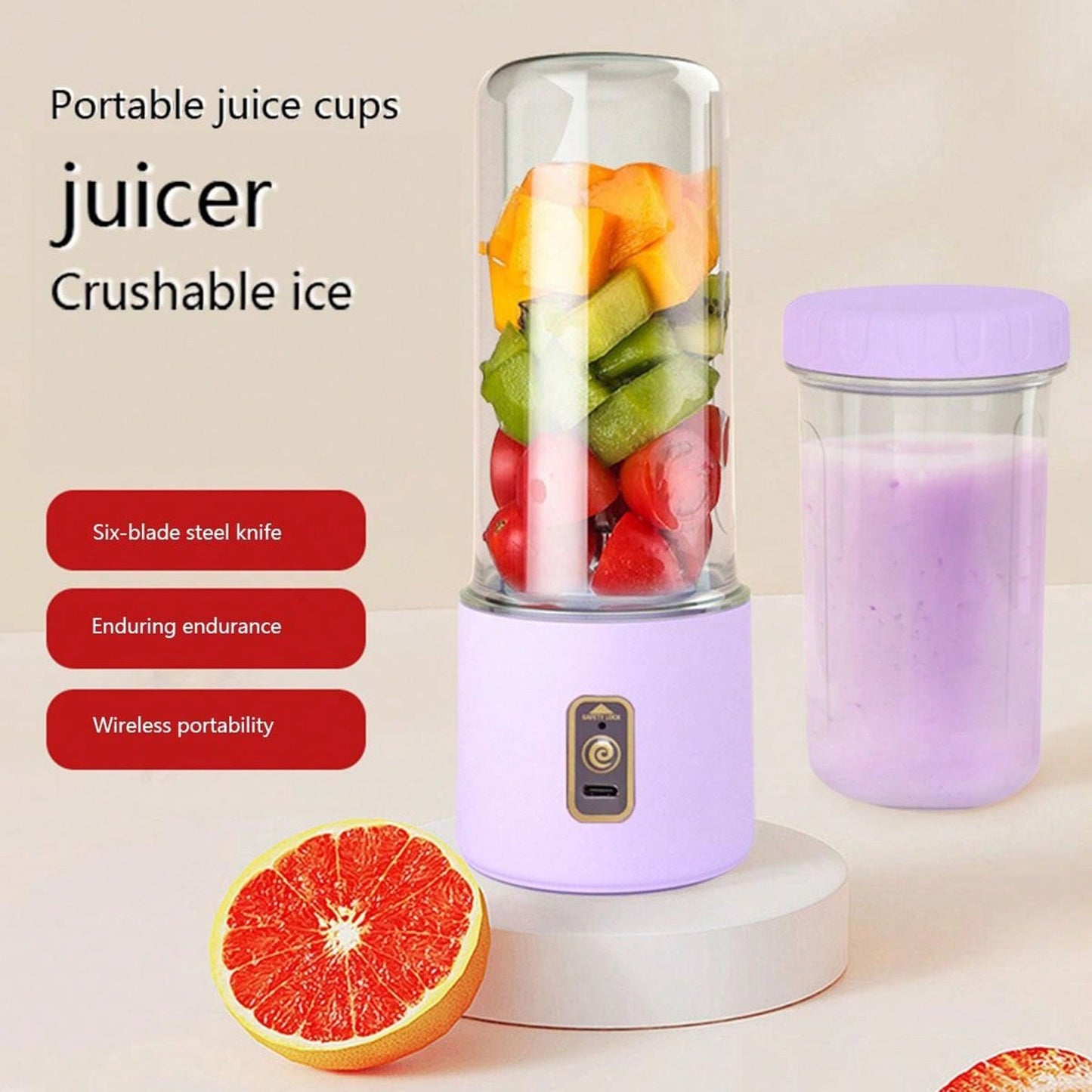 Portable juicer cup with multifunctional features - can be charged via USB with a 1500mAh lithium polypropylene battery. Easy to clean, with a 6-blade design and wireless capability. Capacity is less than 1L, perfect for travel or home use.