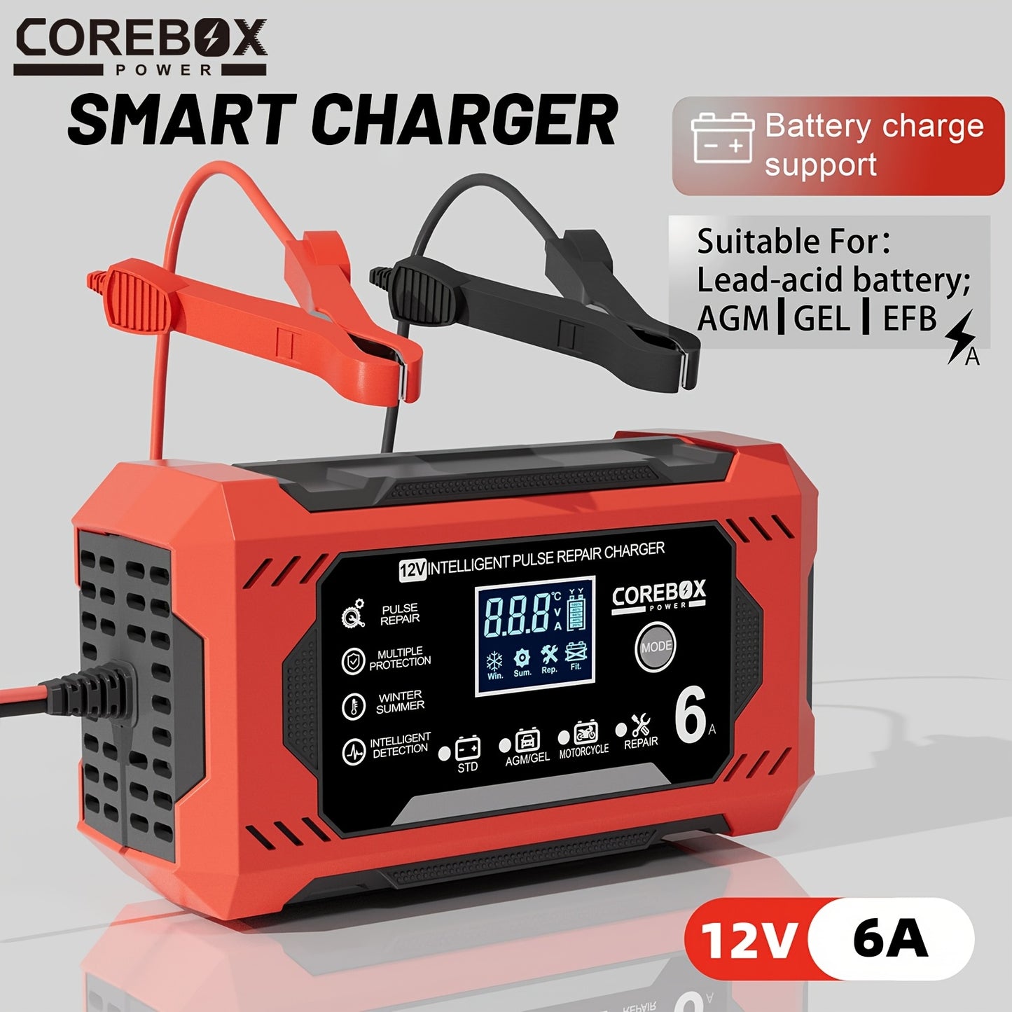 COREBOX 12V 6A Smart Battery Charger with LCD Display - Versatile lead-acid trickle charger for a variety of vehicles with overcharge, short circuit, and polarity protection. Portable and