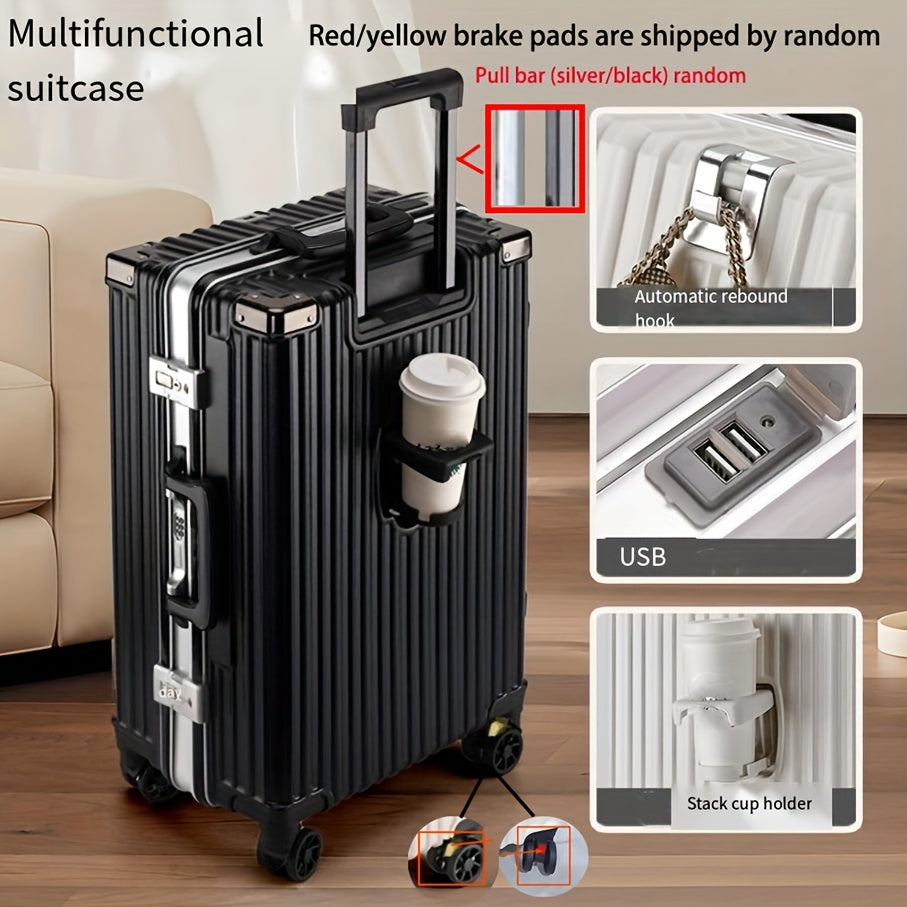 20/24-inch aluminum frame spinner luggage with cup holder and USB port, zipperless extra-large captain suitcase.