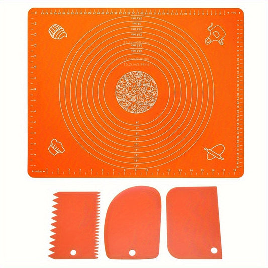 Silicone Pastry Mat Set: Includes one non-stick baking mat, counter mat, and pastry board for rolling dough. Perfect for bread, candy, and cookie making. Comes with free scrapers. Ideal baking tools and kitchen gadgets.