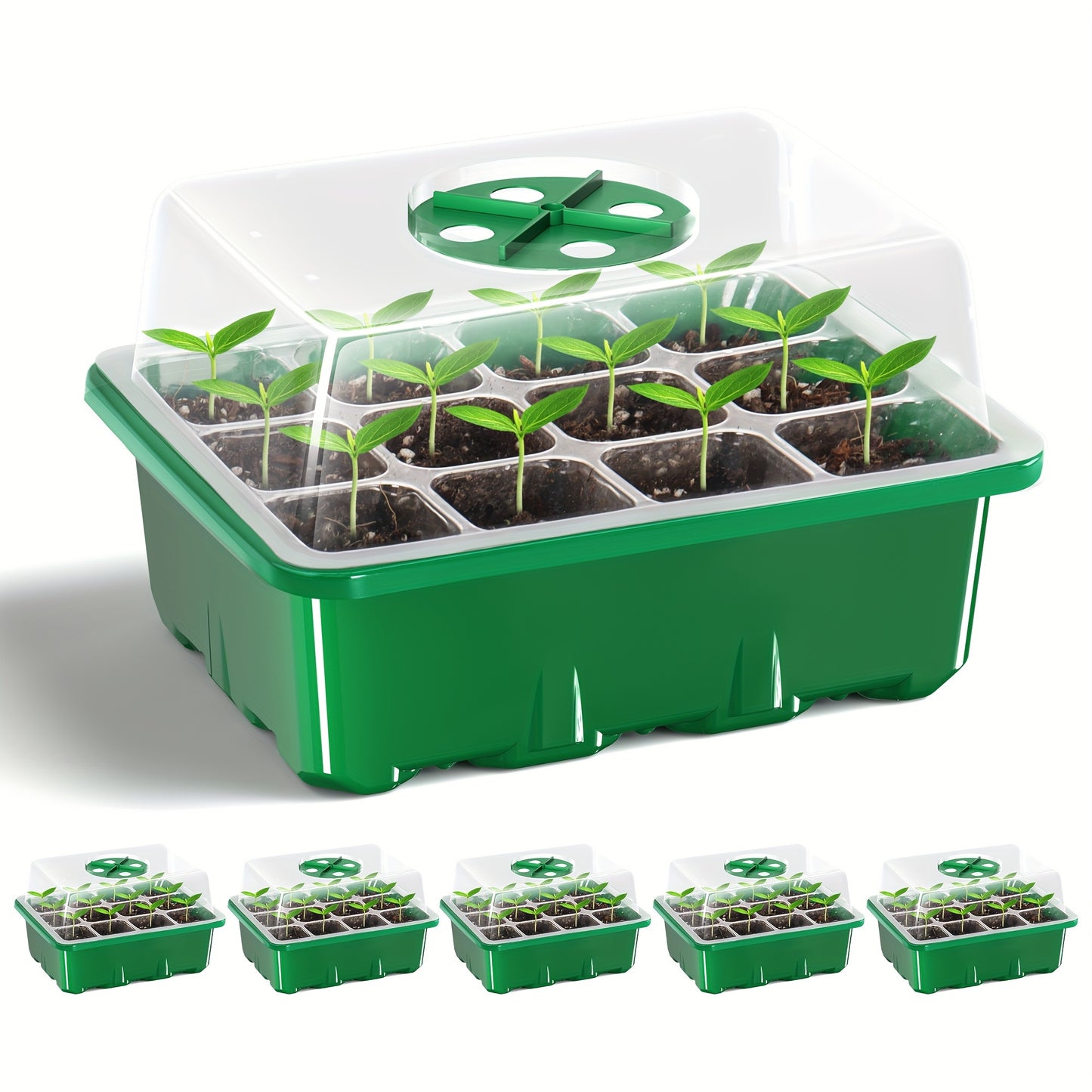 Seed starter trays with elevated lids, 60-cell design, adjustable humidity vent, clear tray for greenhouse/garden use - green.