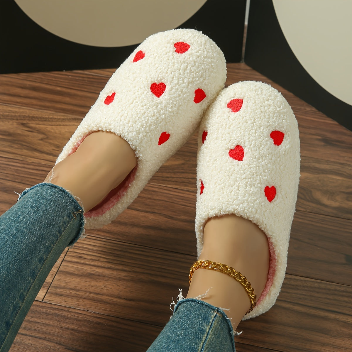 Stylish heart embroidered slippers, cozy and warm with low heel, perfect for indoor wear in all seasons.