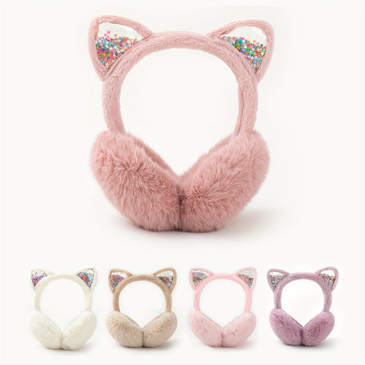 Cozy Cat Ear Headphones: Plush Faux Fur Ear Muffs with Glittery Ears - Ideal for Stylish Winter Wear