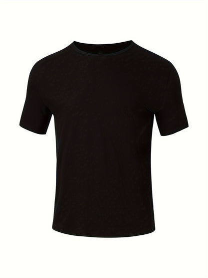 5 Men's 100% Cotton T-Shirts in Black, Dark Blue, Light Gray, White, and Black. Breathable, comfortable, crew neck, short sleeve. Ideal for all seasons, machine washable.