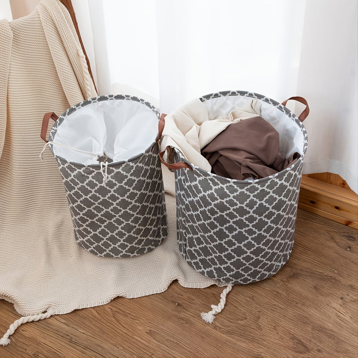 Retro-style fabric laundry hamper with lid, waterproof and multifunctional. Perfect for clothes and sundries organization in your home.