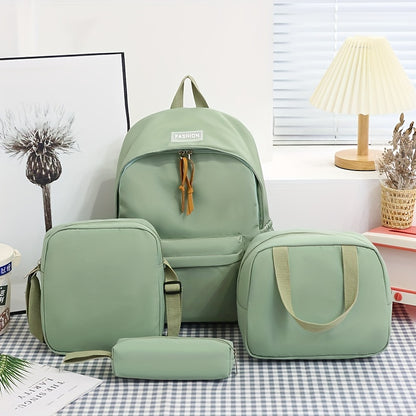 Set of 4 backpacks, cross body bag, handbag, and pen bag in classic solid colors. Suitable for both women and men for casual travel with large capacity. Ideal for schoolgirls and students