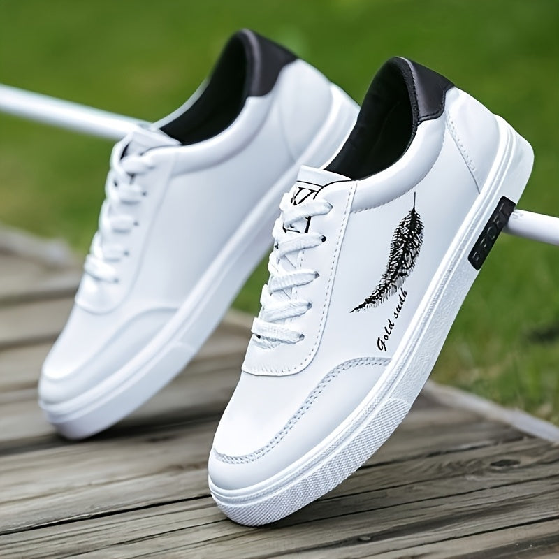 Men's sleek white sneakers with feather design for casual wear, walking, jogging, and travel. Non-slip lace-up low tops with PU upper and PVC sole. Sporty and versatile for outdoor