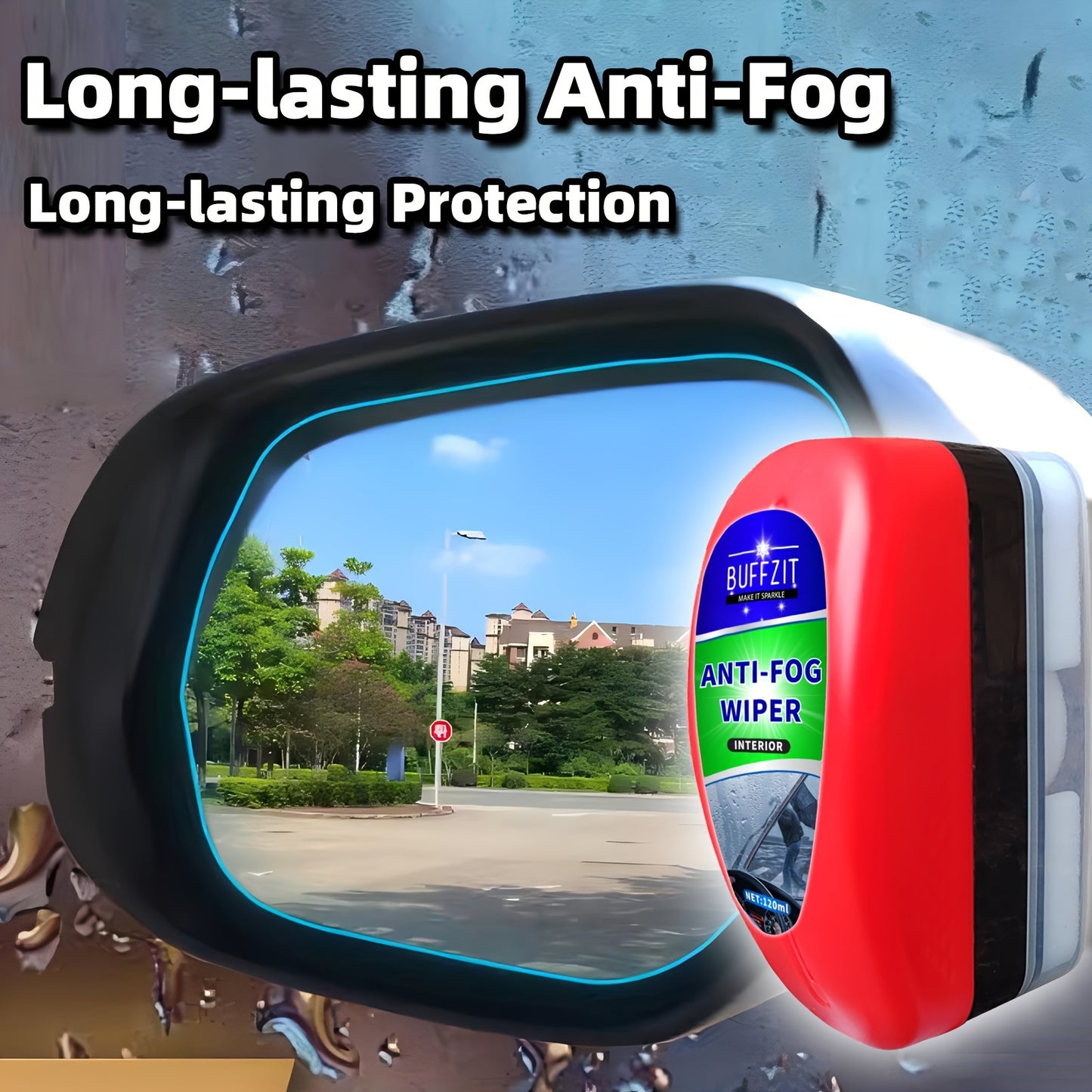 Interior windshield anti-fog spray repels water and prevents fogging.