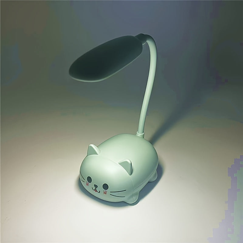 Adjustable Cartoon Cat LED Night Light in Pink/Green/Blue/White, USB Rechargeable with Flexible Neck for Easy Positioning. Eye-Caring Desk Lamp for Youngsters. Cute Smiling Cat Design.