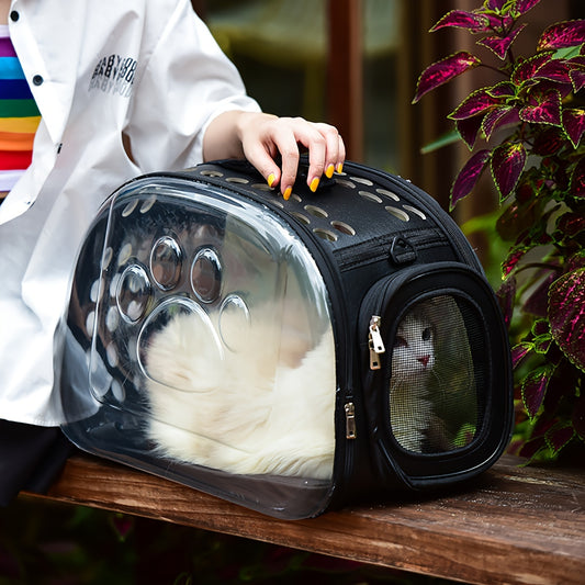 Breathable portable cat backpack with footprint style, foldable and transparent, for single shoulder use.