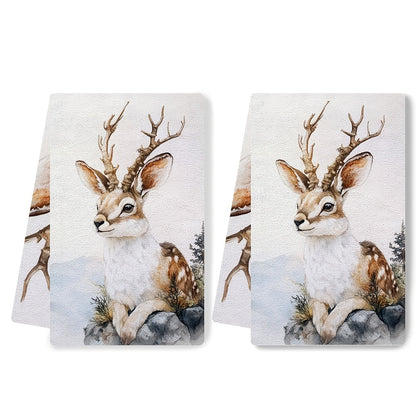 Set of 2 Ultra Soft Kitchen Towels with Rustic Jackalope Design - Highly Absorbent and Machine Washable Dish Hand Towels in Contemporary Coastal Style. Made from Polyester, measuring 40.64x60.96 cm. Perfect for Holiday Decor and Dish Towels.