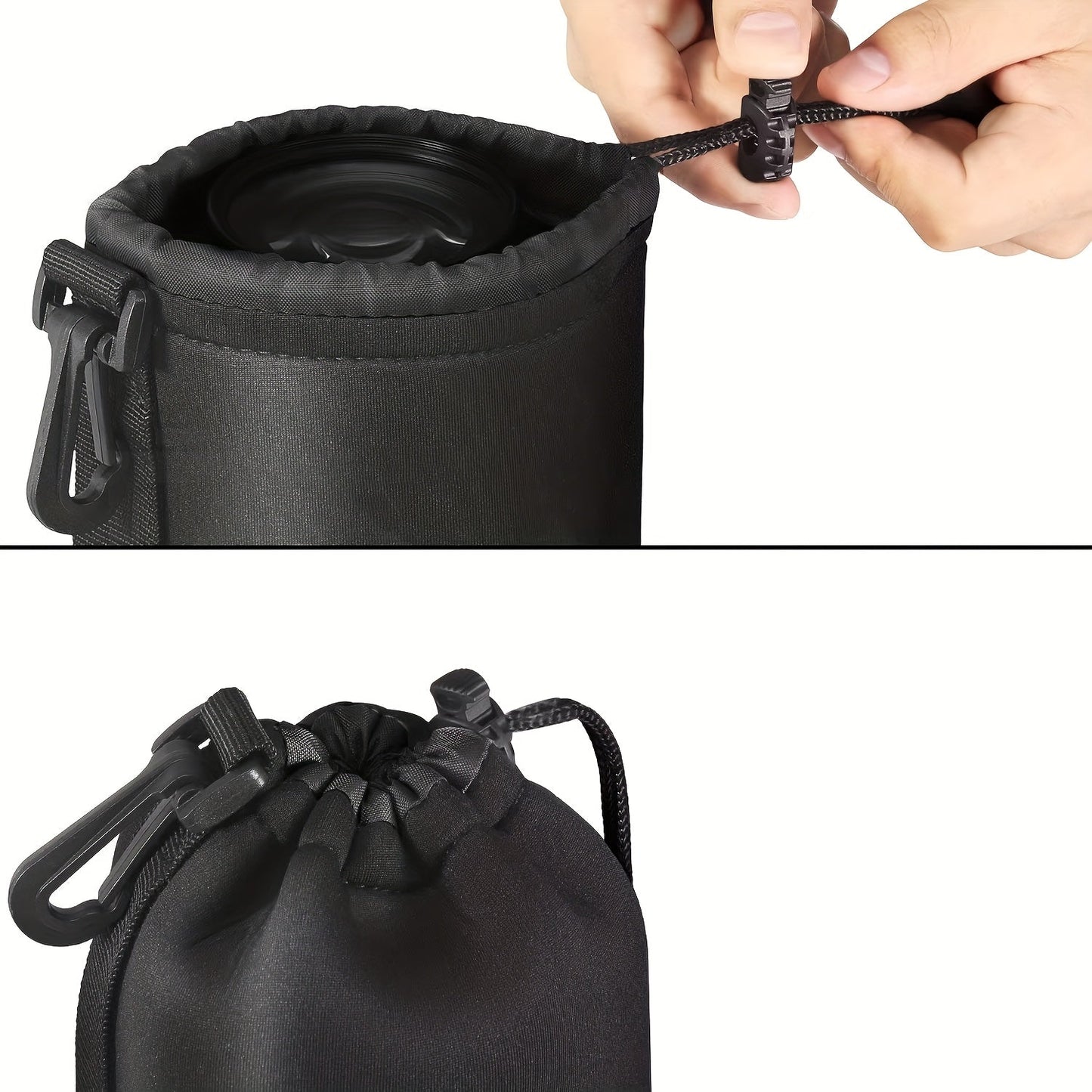 Durable set of camera lens pouches made of waterproof synthetic fabric. This shockproof DSLR lens storage bag comes with a drawstring and clip for easy carrying. Perfect for photographers, this portable lens protector bag is available in 4 different