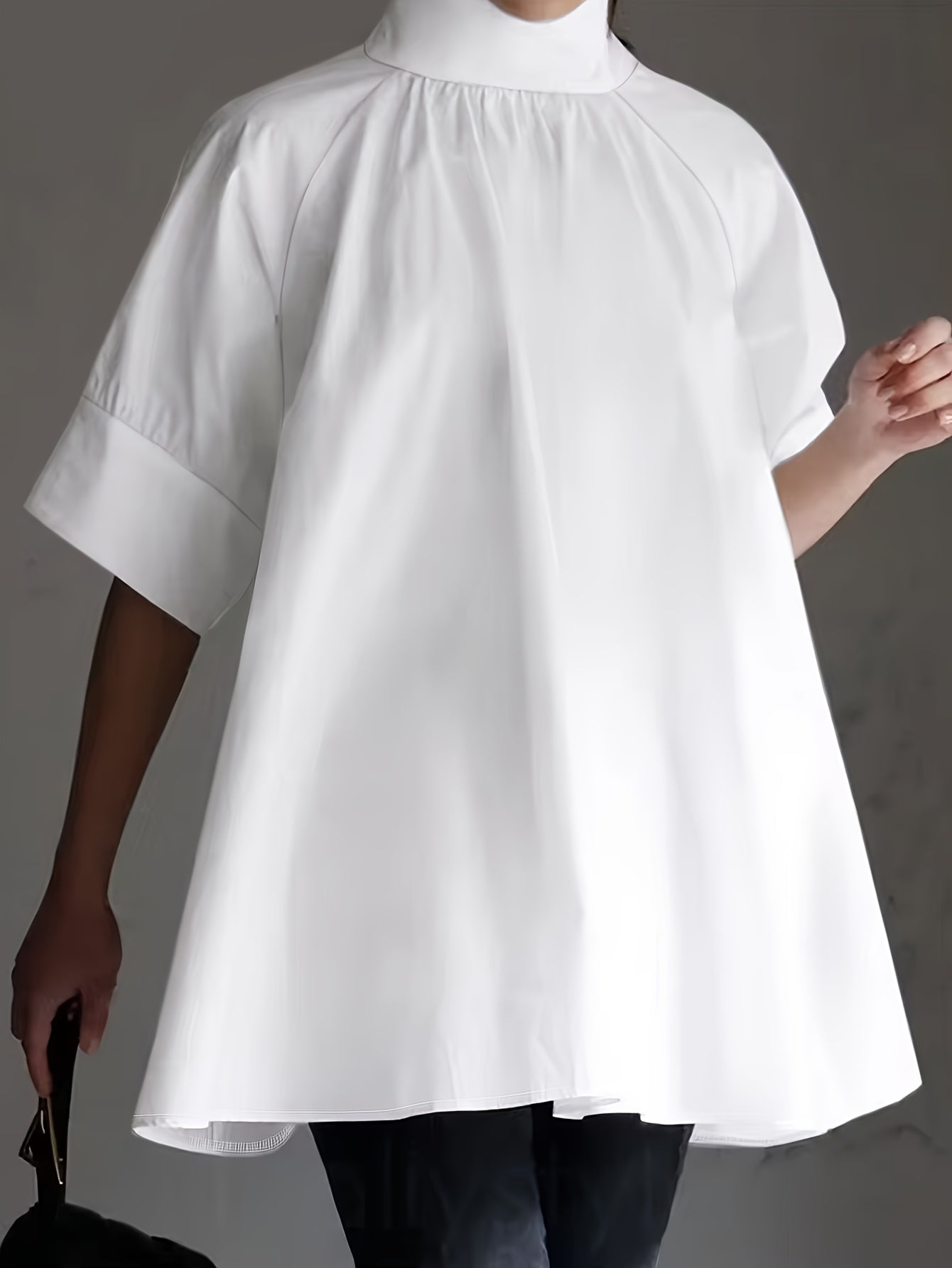 White women's casual mushroom button-up shirt with a loose fit, stand collar, short puff sleeves, frilled detail, and non-stretch woven fabric. Perfect for summer casual attire.