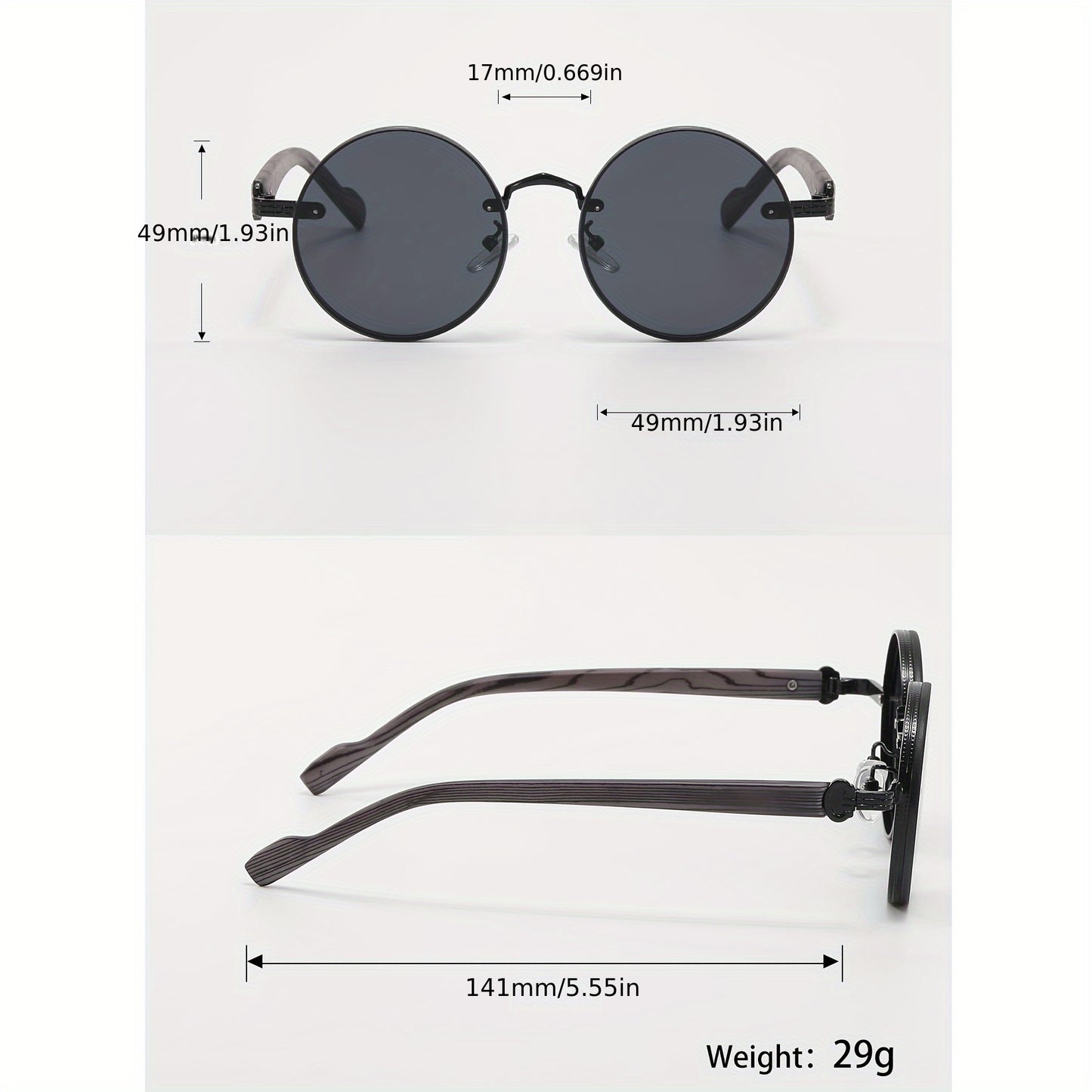 Small round frame retro glasses with wooden legs, all black - perfect for traveling.