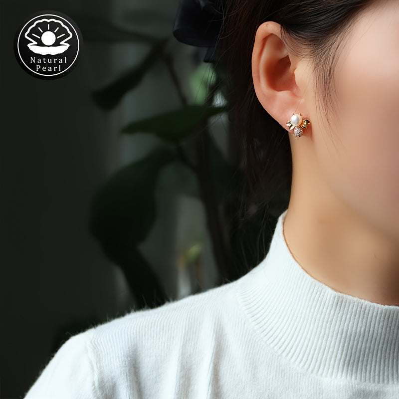 MUFAN Elegant Freshwater Pearl Earrings: A Pair of 6-7mm Round Pearls with 925 Sterling Silver Posts, Adorned with Cute Bee Design. Perfect for Daily Wear or Gifting. Natural Pearl Jewelry featuring June Birthstone, suitable for All-Season Luxury Style.