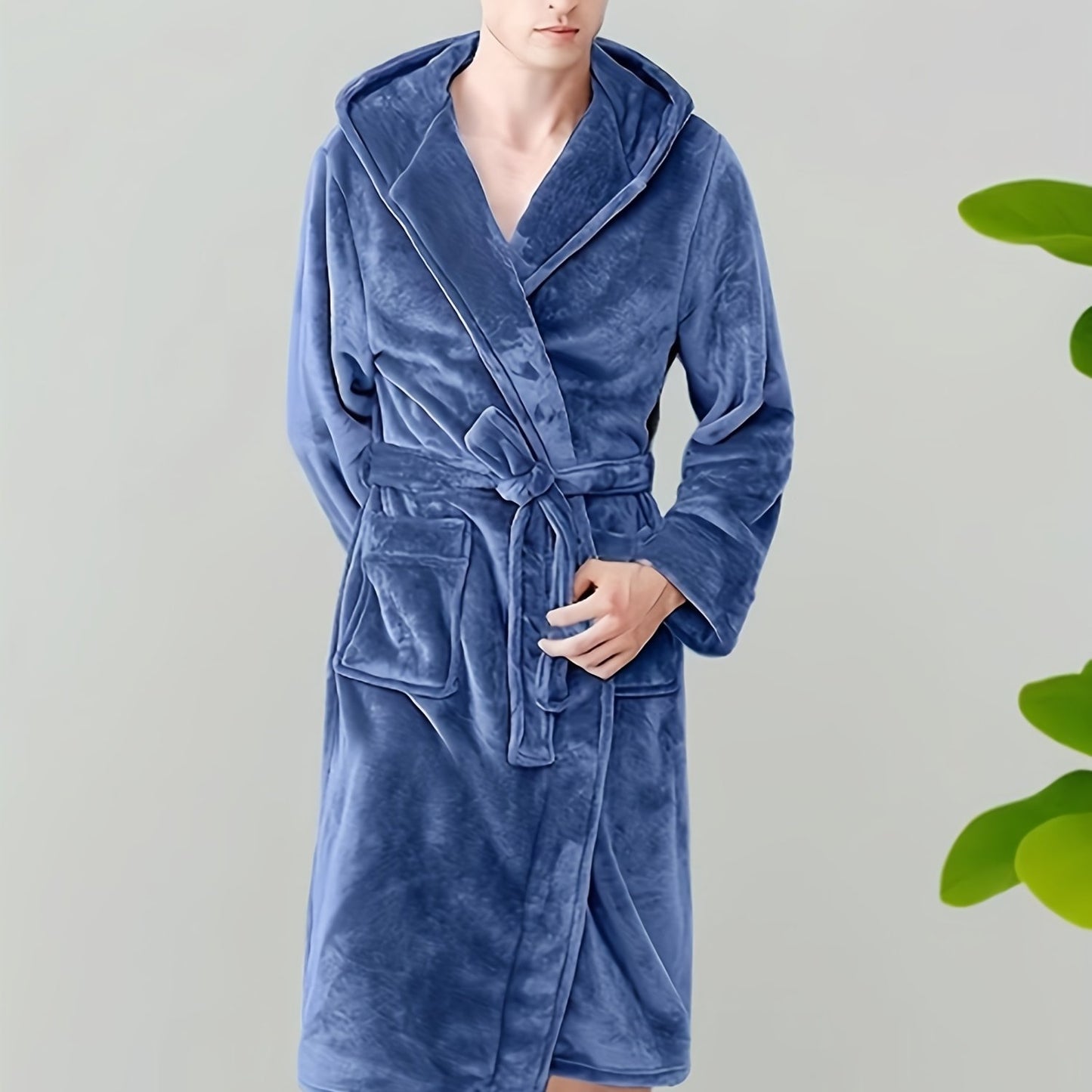 1pc Men's casual long sleeve hooded robe made from solid color polyester knit fabric with pockets, slight stretch, and regular fit suitable for all seasons.